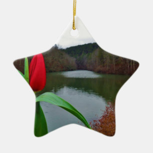 Spring Red Tulip at Lake Arrowhead Ceramic Ornament