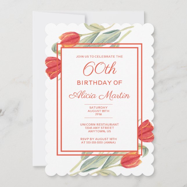 Spring Red Tulip Stylish Flora 60th Birthday Invitation (Front)