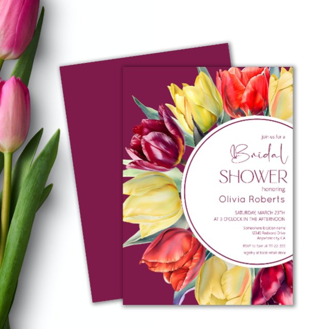 Spring red yellow tulips Watercolor Bridal shower Invitation (Creator Uploaded)