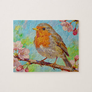 Spring Robin in Cherry Blossoms Oil Painting Jigsaw Puzzle