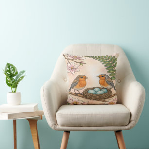 Spring Robin Nest & Magnolia Botanical Design Cushion