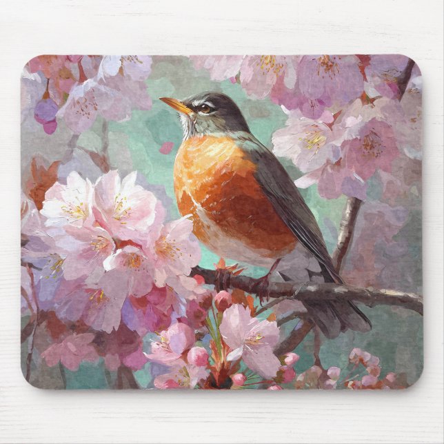 Spring Robin Pink Cherry Blossom Mousepad (Front)