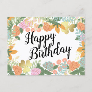 Spring Rose Bloom Clover Happy Birthday Postcard