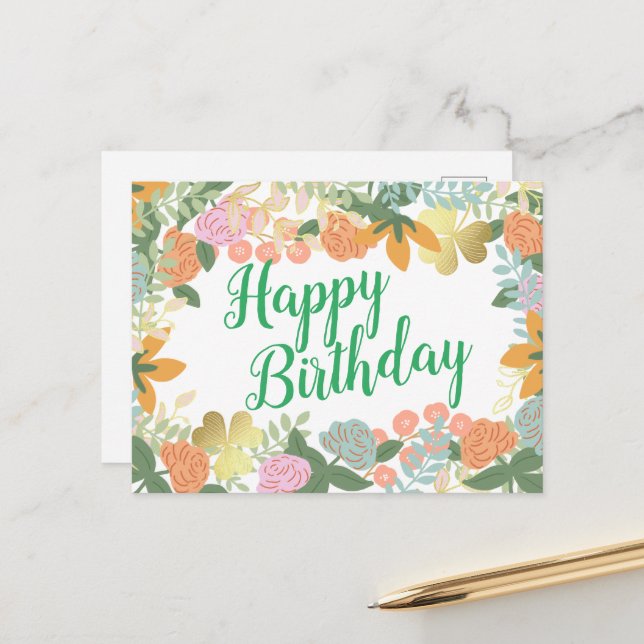 Spring Rose Bloom Clover Happy Birthday  Postcard (Front/Back In Situ)