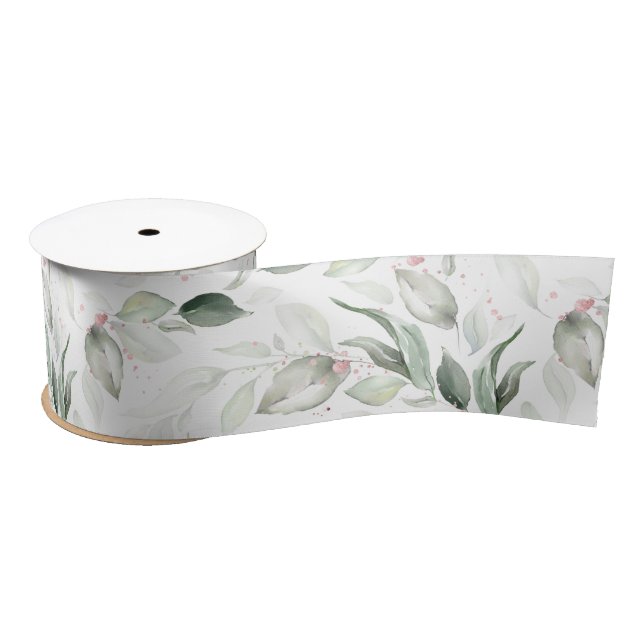 Spring Rose Gold Greenery Foliage Elegant White Satin Ribbon (Spool)