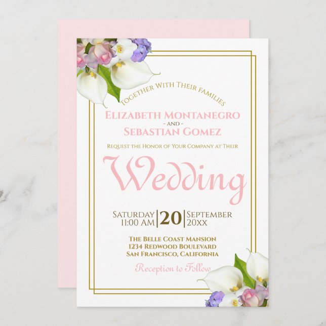 Spring Roses & Calla Lilies Gold and Pink Wedding Invitation (Front/Back)