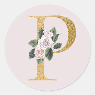 Spring roses gold initials sticker letter P