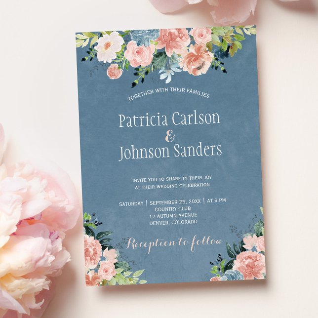 Spring rustic dusty blue and blush floral wedding invitation (Creator Uploaded)