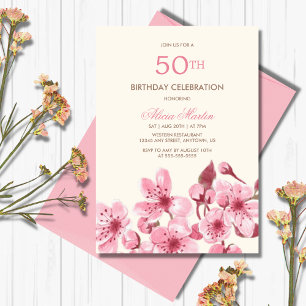 Spring Sakura Cherry Blossom Pink Cream Birthday Invitation