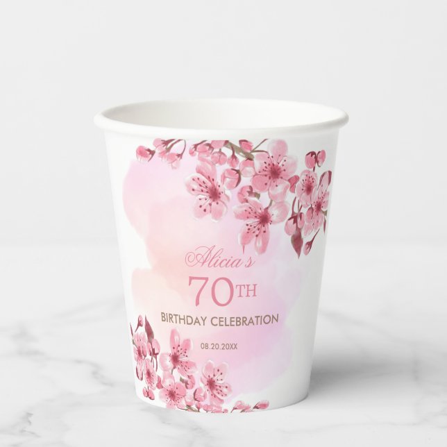 Spring Sakura Cherry Blossom Pink Cream Birthday Paper Cups (Front)