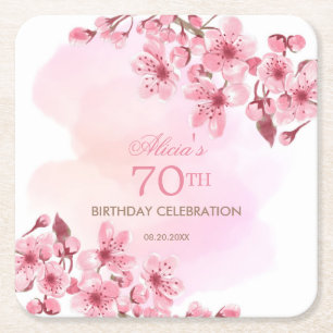 Spring Sakura Cherry Blossom Pink Cream Birthday Square Paper Coaster