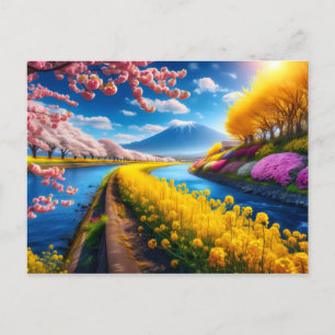 Spring Scene with Cherry Blossoms and Mountains Postcard