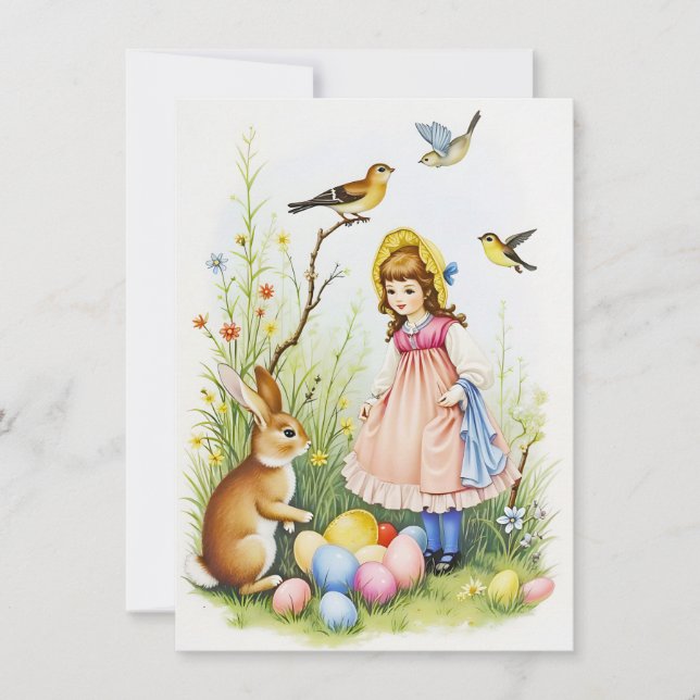 Spring Scene with Girl, Rabbit and Easter Eggs (Front)