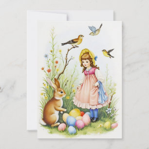 Spring Scene with Girl, Rabbit and Easter Eggs