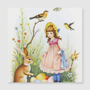 Spring Scene with Girl, Rabbit and Easter Eggs