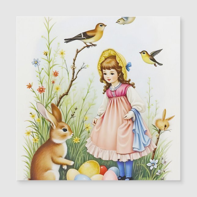 Spring Scene with Girl, Rabbit and Easter Eggs (Front)