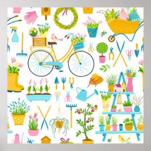 Spring seamless pattern in simple hand-drawn carto poster