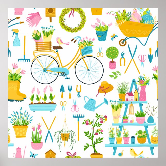 Spring seamless pattern in simple hand-drawn carto poster (Front)