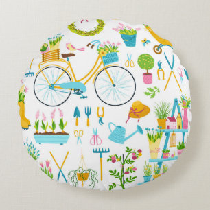 Spring seamless pattern in simple hand-drawn carto round cushion