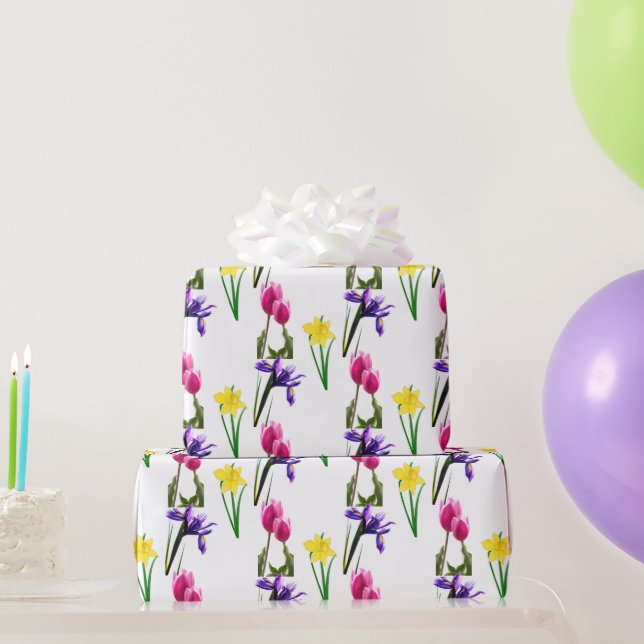 Spring Season Flowers Tulip Irises Daffodils Craft Wrapping Paper (Party Gifts)