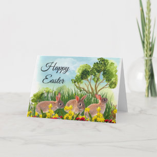Spring Season Rabbits in Garden Happy Easter Card