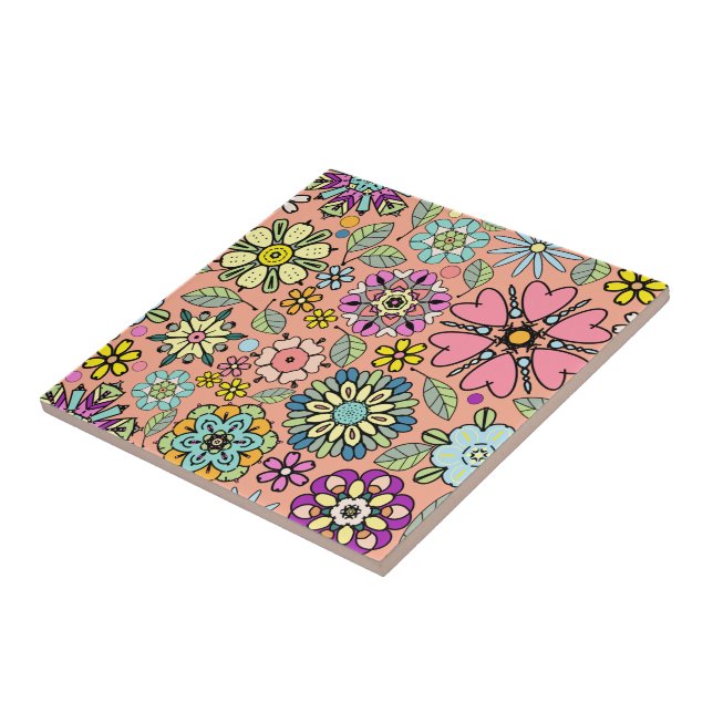 Spring Season Retro Flower Colours Seamless Patter Ceramic Tile (Side)
