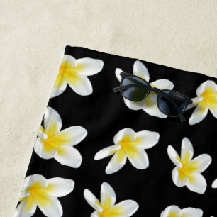 Spring Serenade: Yellow Frangipanis On Black, Beach Towel