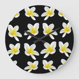 Spring Serenade: Yellow Frangipanis On Black, Large Clock