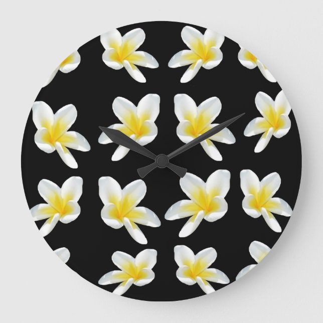 Spring Serenade: Yellow Frangipanis On Black, Large Clock (Front)