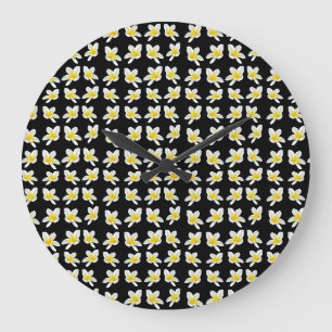 Spring Serenade: Yellow Frangipanis On Black, Large Clock