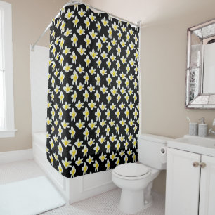 Spring Serenade: Yellow Frangipanis On Black, Shower Curtain