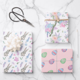 Spring Set Easter Bunnies, Flowers & Eggs Wrapping Paper Sheet