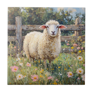 Spring Sheep with Wildflowers Painting Ceramic Tile