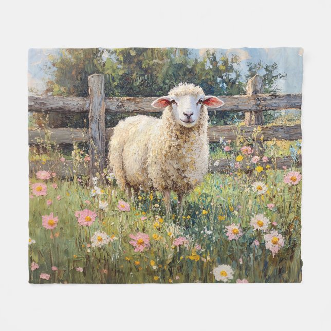 Spring Sheep with Wildflowers Painting Fleece Blanket (Front (Horizontal))