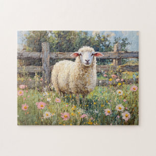 Spring Sheep with Wildflowers Painting Jigsaw Puzzle