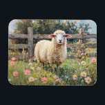 Spring Sheep with Wildflowers Painting Magnet<br><div class="desc">A delightful painting of a spring sheep surrounded by colourful wildflowers in a serene meadow. The soft textures and vibrant hues bring a peaceful,  pastoral charm to this rustic countryside scene.</div>