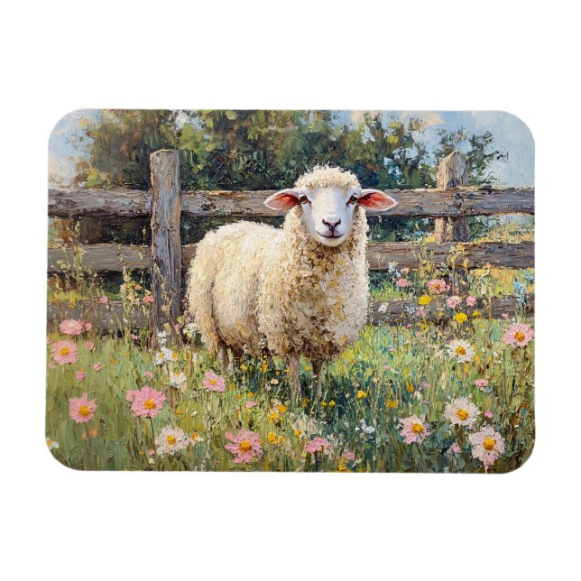 Spring Sheep with Wildflowers Painting Magnet (Horizontal)