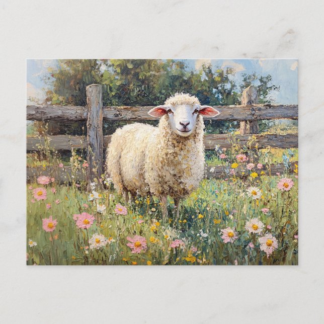 Spring Sheep with Wildflowers Painting Postcard (Front)