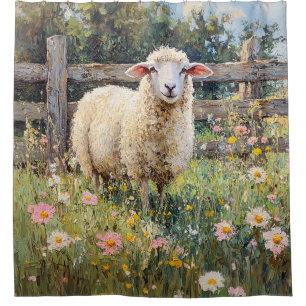 Spring Sheep with Wildflowers Painting Shower Curtain
