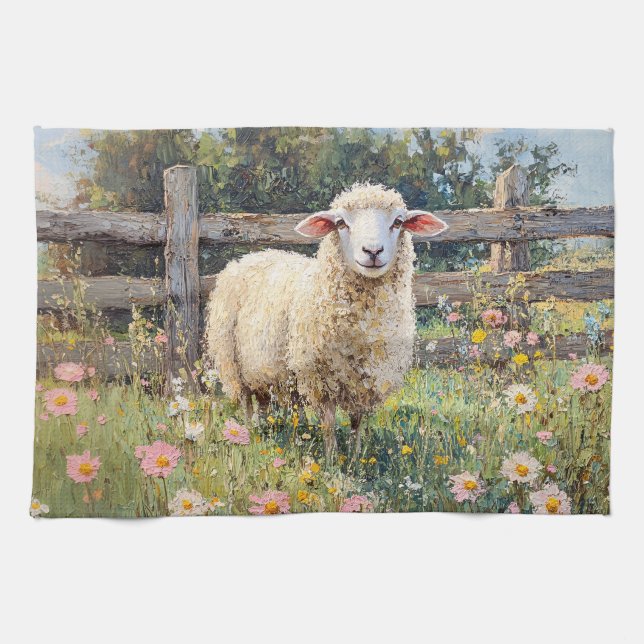 Spring Sheep with Wildflowers Painting Tea Towel (Horizontal)