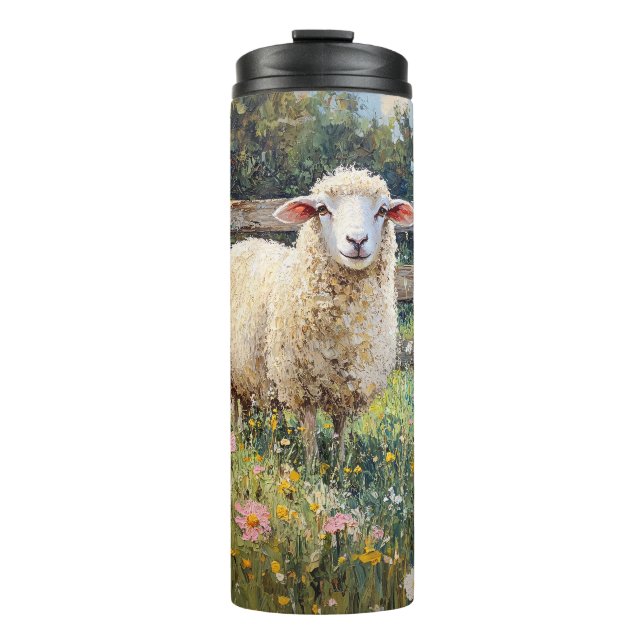 Spring Sheep with Wildflowers Painting Thermal Tumbler (Front)