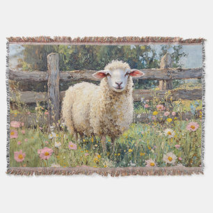 Spring Sheep with Wildflowers Painting Throw Blanket