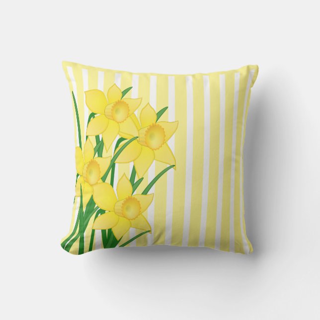 Spring Style Daffodils on Yellow and White Striped Cushion (Front)
