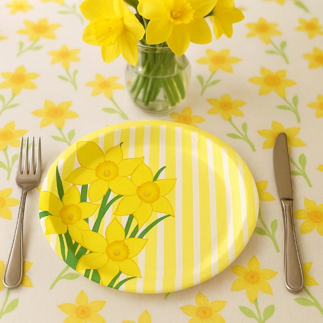 Spring Style Daffodils with Yellow Stripes Paper Plate (cheerful yellow daffodils paper plate for spring gatherings and Easter brunch )