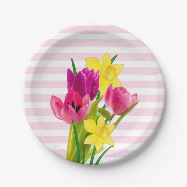 Spring Style Pink Tulips and Daffodils Holiday Paper Plate (Front)