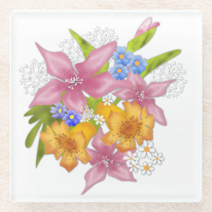 Spring summer bouqet floral flowers pink yellow bl glass coaster
