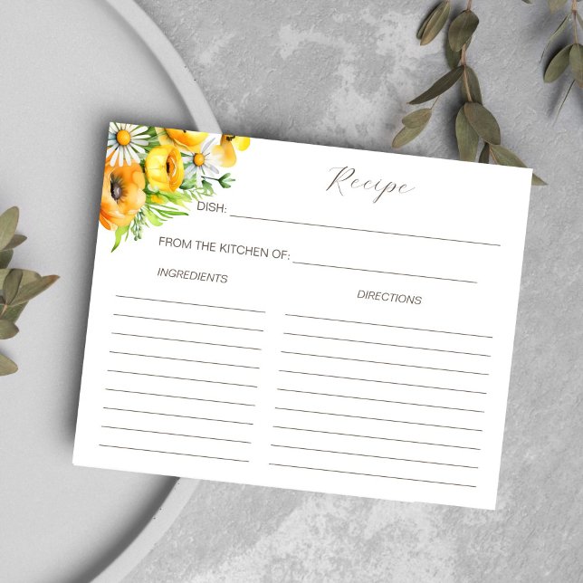 Spring summer flowers bridal shower recipe card (Spring summer yellow flowers bridal shower recipe card)