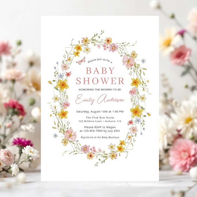 Spring Summer Girl Pink Wildflower Baby Shower Invitation (Creator Uploaded)