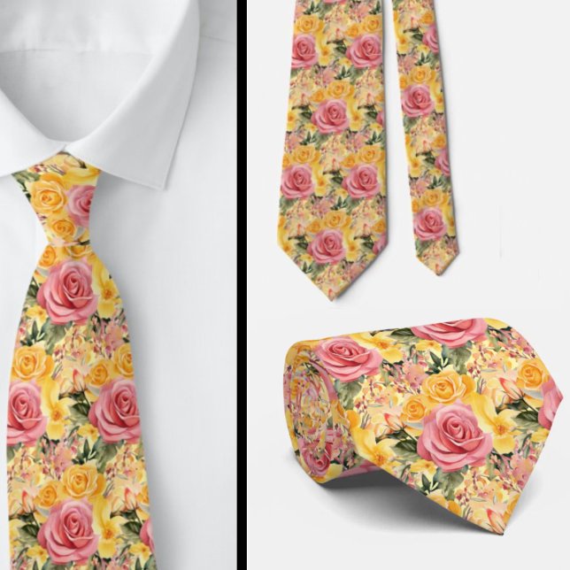 Spring Summer Pink and Yellow Floral Neck Tie (Creator Uploaded)