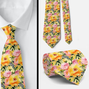 Spring Summer Pink and Yellow Floral Neck Tie